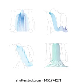 Vector set of illustration of waterfall cascade. Water stream falling of various shape of mountain rock. Isolated outline hand drawn object. Logo, design element. 