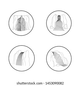 Vector set of illustration of waterfall cascade. Water stream falling of various shape of mountain rock. Isolated outline hand drawn object. Logo, design element. 