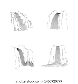 Vector set of illustration of waterfall cascade. Water stream falling of various shape of mountain rock. Isolated outline hand drawn object. Logo, design element. 