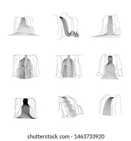 Vector set of illustration of waterfall cascade. Water stream falling of various shape of mountain rock. Isolated outline hand drawn object. Logo, design element. 