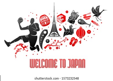 Vector set illustration . Welcome to Japan. XXXII Summer Olympics games. Tokyo 2020. Traditional Japanese symbol. Advertisements, signs, stickers, web banners, signage. Isolated on a white background