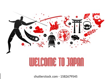 Vector set illustration . Welcome to Japan. XXXII Summer Olympics games. Tokyo 2020. Traditional Japanese symbol. Advertisements, signs, stickers, web banners, signage. Isolated on a white background