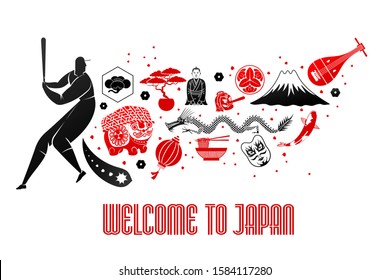 Vector set illustration . Welcome to Japan. XXXII Summer Olympics games. Tokyo 2020. Traditional Japanese symbol. Advertisements, signs, stickers, web banners, signage. Isolated on a white background