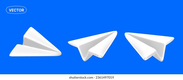 Vector set of illustration of white color paper air plane in different angle on blue background. 3d style design of air plane for web, site, banner, poster