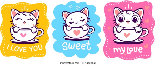 Vector set of illustration of white little cute kitty sitting in cup on white background with frame and text. Line art style design of cat for web, site, valentine day banner, greeting card