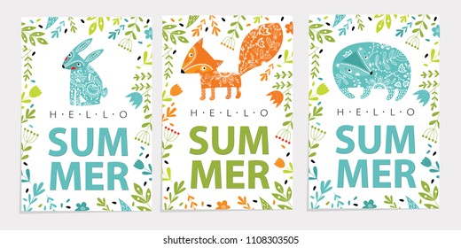 Vector set illustration with wild animals. Ornaments. Bear, hare, rabbit, fox, bird, flowers. Summer bright posters, postcards.eps 10