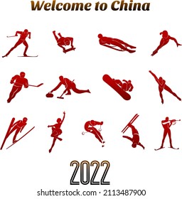 Vector set illustration. Winter sports. Athletes silhouettes. Beijing 2022. Welcome to China. Winter Olympics. Advertisements, signs, stickers, web banners, signage. Isolated on a white background