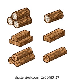 Vector Set Illustration of Wooden Logs and Boards Cartoon Style