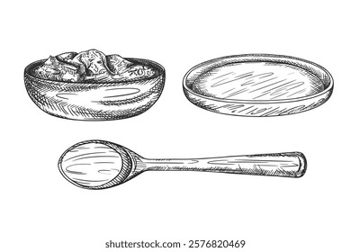 Vector set illustration wooden texture plate, spoon. Kitchen utensils, tools, dishes, home decor. Retro old cutlery Hand drawn illustration in line art style painted in black ink, isolated background