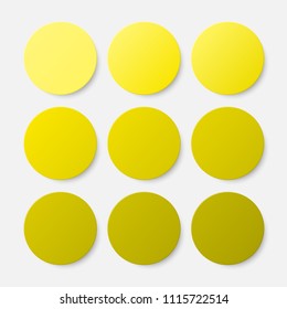Vector set of illustration of yellow paper circle notes. Empty label round sticker, tag. Blank templates of a price tags. Mockup for your business presentation. Abstract background, banner, card.