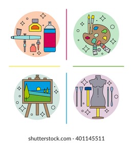 Vector Set Of Illustration/emblem/placard/banner With Art Supplies - Aerograhy, Oil Painting, Sculpting, Easel Plen-air. Art Supplies In Modern Flat, Line Style N The Circle. Painting And Sculpting.
