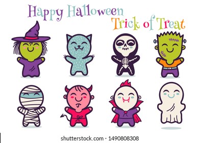 Vector set illustrationn of children in costumes for Halloween. Illustrations with cute kids in Halloween monsters costumes. Halloween monsters.