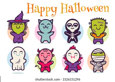 Vector set illustrationn of children in costumes for Halloween. Illustrations with cute kids in Halloween monsters costumes. Halloween monsters.