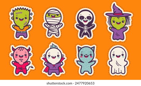 Vector set illustrationn of children in costumes for Halloween. Illustrations with cute kids in Halloween monsters costumes. Halloween stickers of monsters.