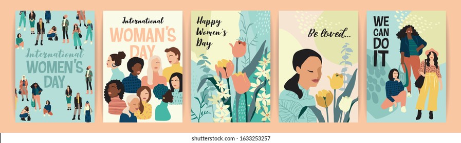 Vector set of illustrations with abstract women with different skin colors. International Women's Day. Struggle for freedom, independence, equality. Lifestyle, street fashion.