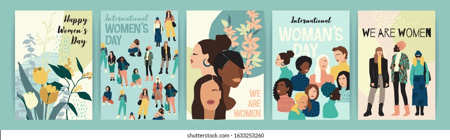 Vector set of illustrations with abstract women with different skin colors. International Women's Day. Struggle for freedom, independence, equality. Lifestyle, street fashion.