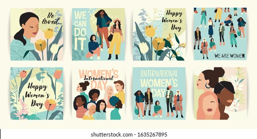 Vector set of illustrations with abstract women with different skin colors. International Women's Day. Struggle for freedom, independence, equality. Lifestyle, street fashion.