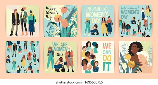 Vector set of illustrations with abstract women with different skin colors. International Women's Day. Struggle for freedom, independence, equality. Lifestyle, street fashion.