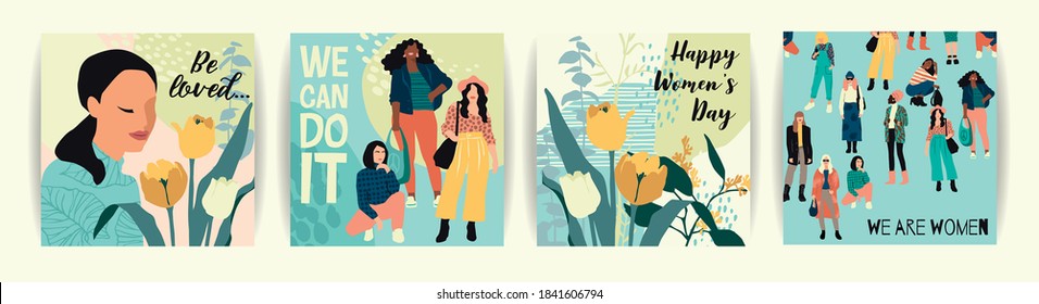 Vector set of illustrations with abstract women with different skin colors. International Womens Day. Struggle for freedom, independence, equality. Lifestyle, street fashion.