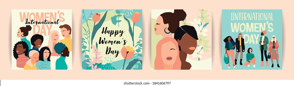 Vector set of illustrations with abstract women with different skin colors. International Womens Day. Struggle for freedom, independence, equality. Lifestyle, street fashion.