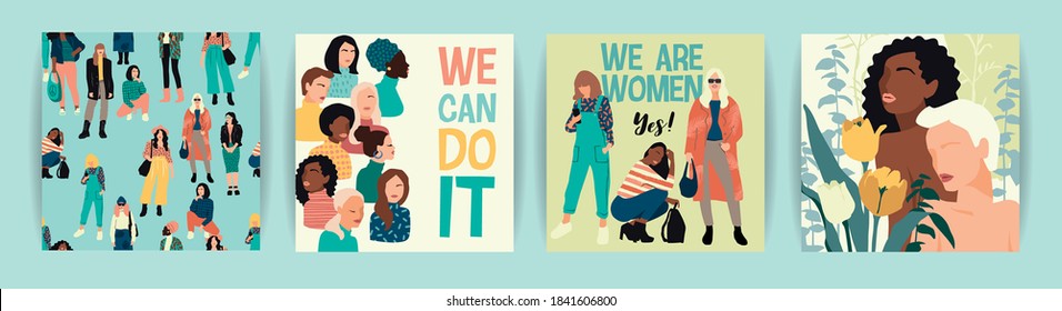 Vector set of illustrations with abstract women with different skin colors. International Womens Day. Struggle for freedom, independence, equality. Lifestyle, street fashion.