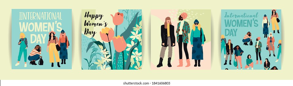 Vector set of illustrations with abstract women with different skin colors. International Womens Day. Struggle for freedom, independence, equality. Lifestyle, street fashion.