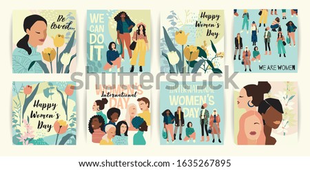 Vector set of illustrations with abstract women with different skin colors. International Women's Day. Struggle for freedom, independence, equality. Lifestyle, street fashion.