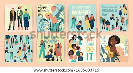 Vector set of illustrations with abstract women with different skin colors. International Women's Day. Struggle for freedom, independence, equality. Lifestyle, street fashion.