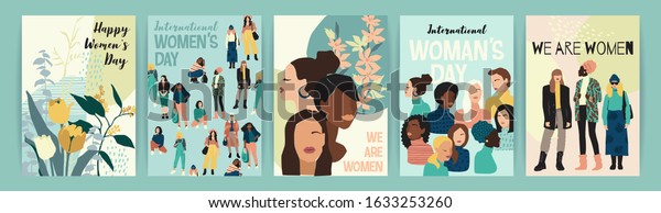 Vector\
set of illustrations with abstract women with different skin\
colors. International Women\'s Day. Struggle for freedom,\
independence, equality. Lifestyle, street\
fashion.