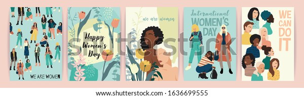 Vector\
set of illustrations with abstract women with different skin\
colors. International Women\'s Day. Struggle for freedom,\
independence, equality. Lifestyle, street\
fashion.