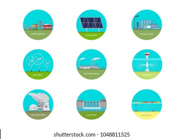 Vector set of illustrations. Alternative energy.Nuclear, hydro, biomass, tidal, solar, wind, geothermal, hydrogen and wave energy.Renewable electricity.
