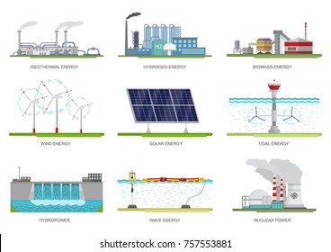 Vector Set Of Illustrations. Alternative Energy.Nuclear, Hydro, Biomass, Tidal, Solar, Wind, Geothermal, Hydrogen And Wave Energy.