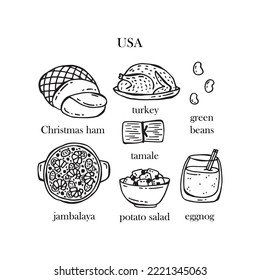 Vector set of illustrations of American Christmas dishes. New Year. Traditional food of the United States of America.