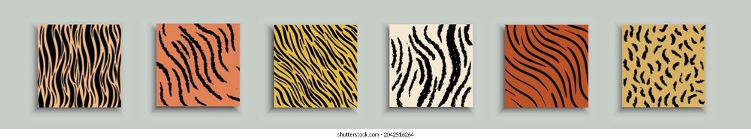 Vector set of illustrations of animal prints. Collection of tiger and leopard in different colors in flat style.