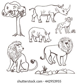 Vector set of illustrations. Animals Africa in cartoon style.
Isolated on white background.