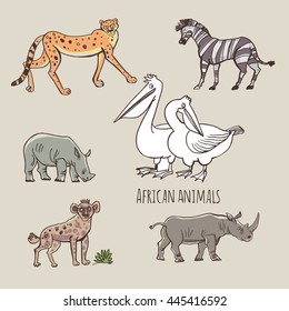 Vector set of illustrations. Animals Africa in cartoon style. Isolated on white background.
Images of Leopard, pelican, rhino, hyena, zebra in color.