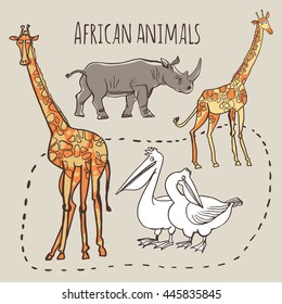 Vector set of illustrations. Animals Africa in cartoon style. Isolated on white background.Funny giraffes, rhinoceros and pelicans in color.