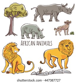 Vector set of illustrations. Animals Africa in cartoon style. Isolated on white background.
Leo, tree,rhino, hyena, rhinoceros calf.