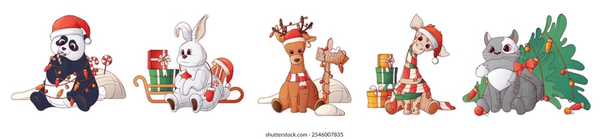 Vector set of illustrations of animals with christmas elements. Hand-drawn of giraffe, deer, cat, panda, rabbit. For decorating children's books, banners, posters, cards, children's room decoration.