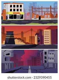 Vector set illustrations of apocalypse city landscape, destroyed factory, industral buildings, shops and houses. City destroy in war zone, abandoned infrastructure. The future world after people