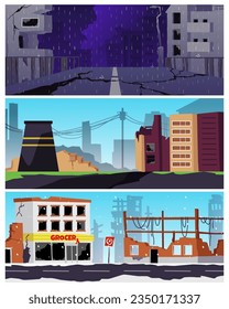 Vector set illustrations of apocalypse city landscape, destroyed factory, industral buildings, shops and houses. City destroy in war zone, abandoned buildings. Snowing or raining in night ruined city
