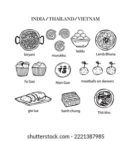 Vector set of illustrations of Asian Christmas dishes. New Year. Traditional food of Vietnam, Thailand and India.