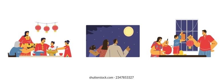 Vector set illustrations Asian family enjoy tasty traditional dishes on mid autumn festival. Happy moon festival with disproportionate characters. People makes Chinese lanterns for the holiday.