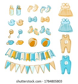 Vector set of illustrations for baby shower in pastel colors. For a scrapbooking, postcards, invitations, metrics.