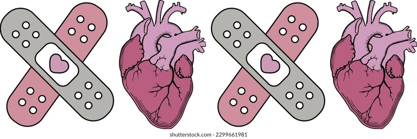 Ilustraciones del conjunto de vectores de las ayudas de banda, ilustración del vector del corazón, diseño de camisetas de enfermería