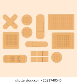 Vector set illustrations of band aids. Vector set aid bandages different forms. wound plaster. medical plaster.