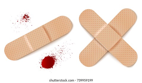 Vector set illustrations of band aids. Vector set aid bandages and blood drops.