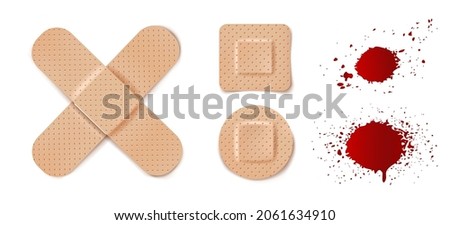 Vector set illustrations of band aids and blood drops. Vector set aid bandages different forms and blood.