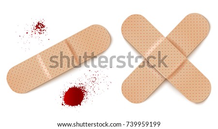 Vector set illustrations of band aids. Vector set aid bandages and blood drops.