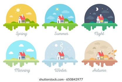 Conjunto vectorial de ilustraciones de hermosa casa con chimenea y valla. Cuatro paisajes rurales estacionales con inscripción en fondo blanco. Hogar familiar diurno y nocturno. Diseño web de estilo plano